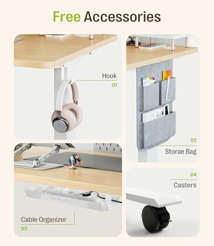 MAIDeSITe Height Adjustable Electric Lift Table, 120 x 60 cm Standing and Sitting Table with Cable Tray, Hook and Storage Pockets, Lift Table with Memory Controller