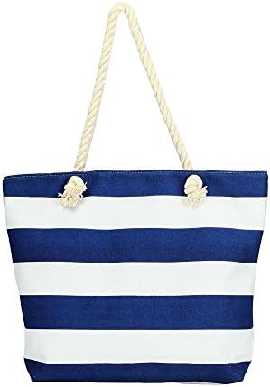 Beach Bag for Women, Sturdy and Roomy Shoulder Tote, Large, Stripe - Sapphire Blue