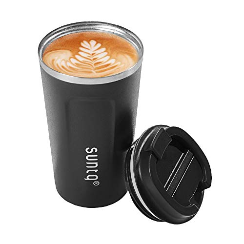 SUNTQ Kaffeebecher to go aus Edelstahl - Thermobecher Doppelwand Isoliert - Kaffeetasse mit Auslaufsicherem Deckel Wiederverwendbar (Schwarz, 510ml)
