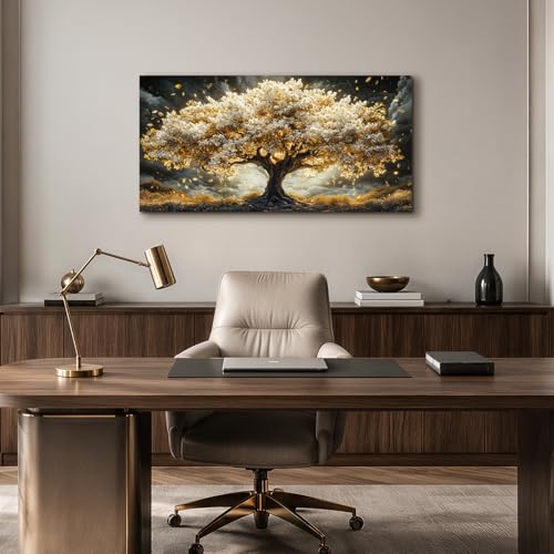 JHHUAMO Cuadros Decoracion Salon Modernos, Lienzos Decorativos Grandes, Laminas Decorativas Dorado Árbol de la Vida, Pinturas Naturaleza Artística Dormitorios Oficina Habitacion Pasillo 50x100 cm
