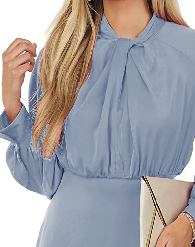 PRETTODAY WOMEN’S SATIN DRESS LONG SLEEVE TWIST HIGH NECK ELEGANT COCKTAIL PARTY MINI DRESSES (BLUE,LARGE)