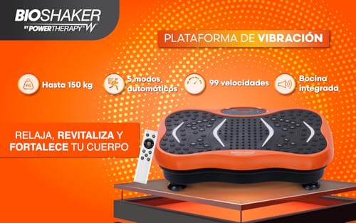 Bio Shaker Maquina de Ejercicio Power Therapy Plataforma Vibratoria con Control Remoto, Ligas de Resistencia, Capacidad 120 kg, Base Antideslizante, Entrenamiento en Casa, Color Negro