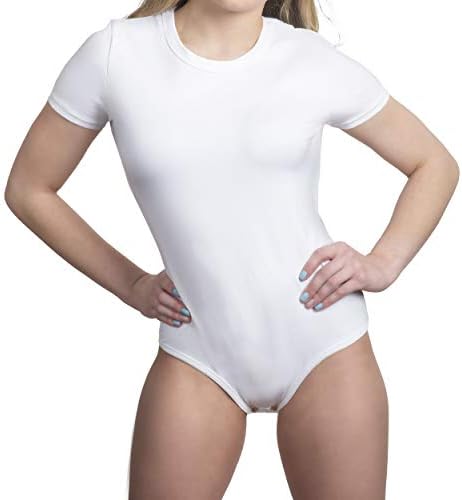 Womens Bodysuit T Shirts Crew Neck with Crotch Snaps - White Cotton