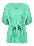 Persun Women's Green V Neck Bow Tie Belt Short Sleeve Flared Blouse