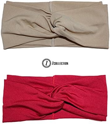 ZCollection 2pc Women Elastic Headband Fashion - Yoga - Sports - Travel. Super Comfortable. Chic Design &amp; Quality - 15 colors ( Pack of 2 pcs ) Wine Red / Beige