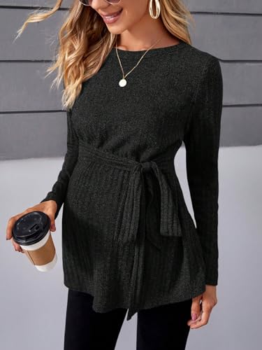 MAKEMECHIC WOMEN’S MATERNITY SHIRTS CASUAL LONG SLEEVE TIE FRONT RIBBED KNIT PREGNANCY TEE TOP A-BLACK M