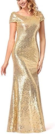 HXD Women Sparkling Champagne Gold Sequin Mermaid Cap Sleeves Evening Dress Prom Dress (L, Gold)