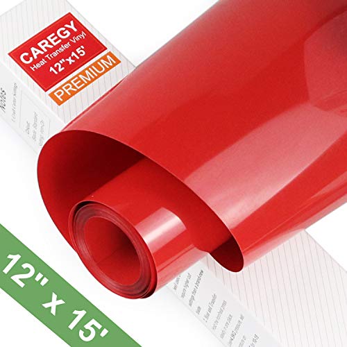 HTV Iron on Vinyl 12inch x15 Feet Roll by CAREGY Easy to Cut & Weed Iron on Heat Transfer Vinyl DIY Heat Press Design for T-Shirts Glossy Red