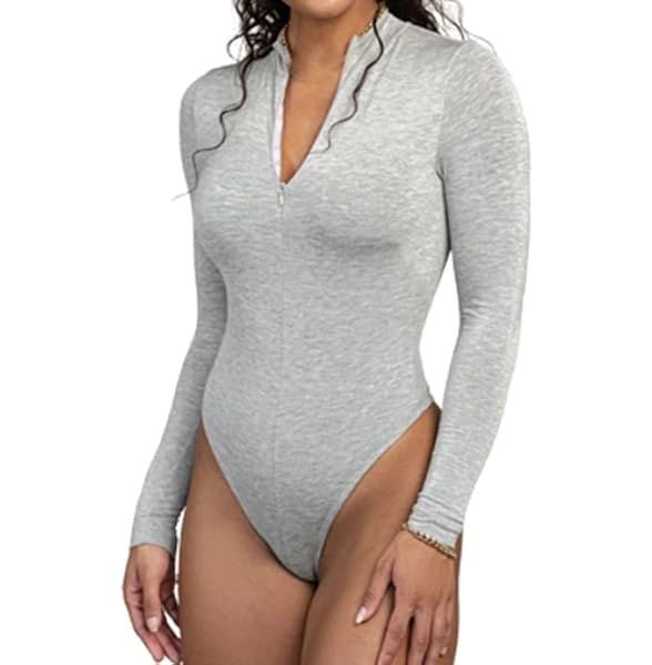 DECIMALPT LONG SLEEVE BODYSUIT TOPS TURTLENECK/V NECK LEOTARDS FRONT ZIP UP BODY SUIT FOR WOMEN GREY