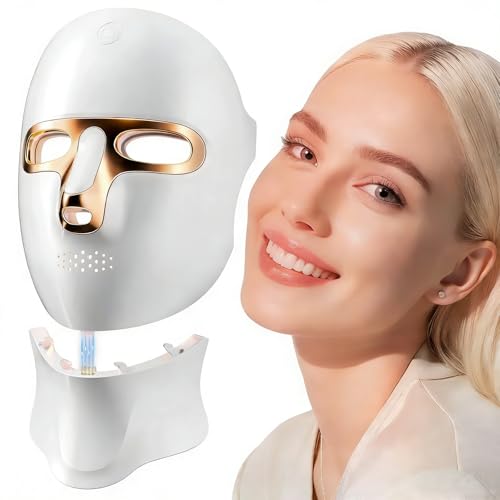 ONLUKY LED Face Mask Anti-Ageing, Rechargeable Red Light Therapy Mask Face with Infrared, USB-C Charging, 120 LED Beads, No Power Cable for Home, Travel and Yoga (Including Neck Attachment), Gold
