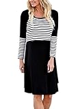HOTAPEI Women's Long Sleeve A-Line Flare Casual Loose T-Shirt Midi Dress Striped