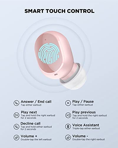 HTC Bluetooth Wireless Earbuds 2 Plus Touch Control Bluetooth 5.3 with USB-C Charging Case IPX4 Splashproof in-Ear Stereo Earbuds Bulit-in Microphones-Pink