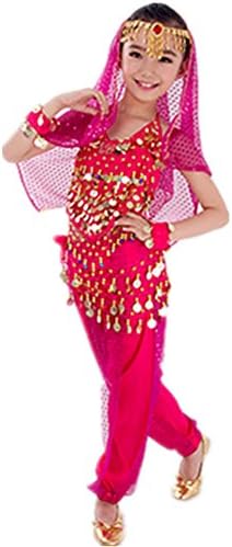 WILLLIN Handmade Children Belly Dance Costumes Kids Dancing Girls Bollywood Performance Cloth (S, Rose Red)