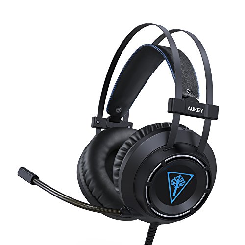 AUKEY Gaming Headset, On-Ear Headphones with Enhanced Bass, Flexible Microphone, Self-Adjusting Headband, and LED Light for PC, PS4, and Xbox