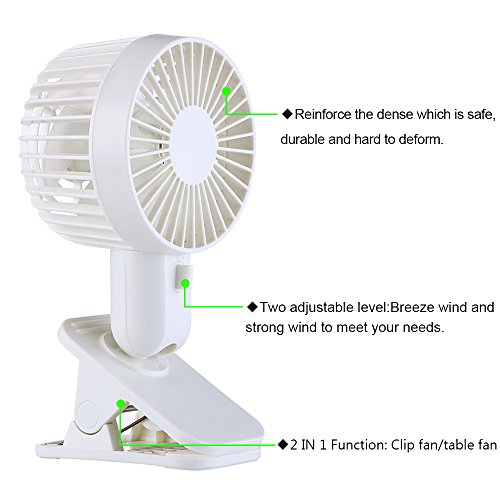 HOMCA Mini USB Clip Fan, Double-blade Design 2-Speed Personal Table Fan USB Powered by NetBook, MacBook, Power Bank and PC, 360 Degree Rotate Portable Fan Perfect for Stroller Home Office (White) - Thumbnail 2