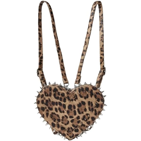 9725 Heart Shaped Leopard Print Backpack with Spikes, Punk Rock Style Mini Leopard Print Mini Backpack with Metal Spikes, Adjustable  main image 2