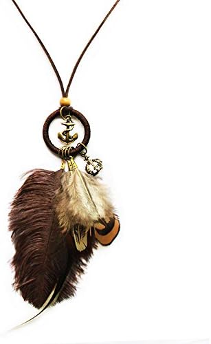 Brown Real Feathers Long Necklace with Anchor Charms Bohemian Leather Pendant Necklaces for Women