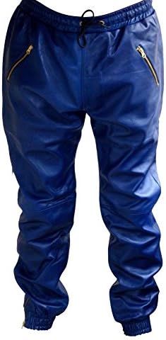 Leather Scan Men's Blue Real Soft Leather Trousers Sweat Track Pant Jogging Bottom Pant- Waist size-32