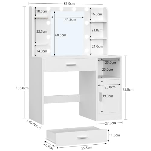 TEENFON Vanity Desk with Mirror and Lights, Makeup Vanity with Large Drawer, 4 Shelves and 5 Jewel Hooks, Dressing Table with Cabinet & Open Compartment for Bedroom, White