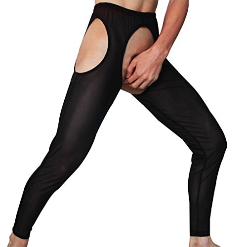 YiZYiF Men's Open Crotch Sheer Long Johns Pants Gay Fetish Bdsm