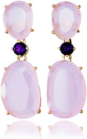 Solid Gold Drop Earrings of Pink Chalcedony and Brilliant Cut Purple Amethyst in 14K Yellow Gold