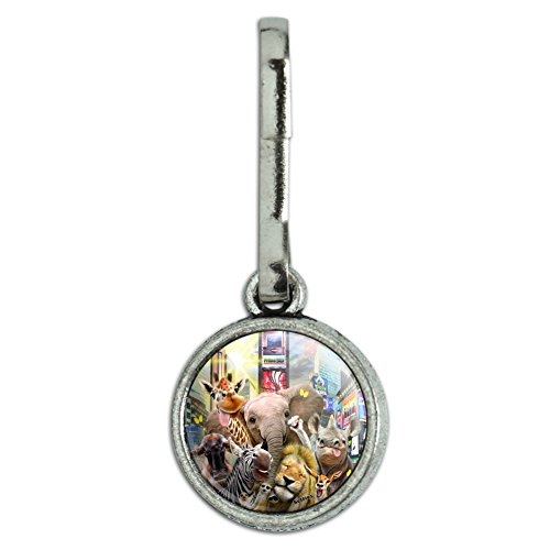 Times Square New York Selfie Elephant Giraffe Lion Zebra Antiqued Charm Clothes Purse Suitcase Backpack Zipper Pull Aid