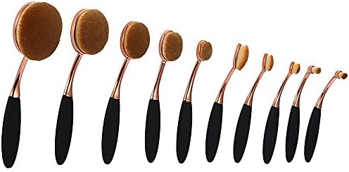 Oval Makeup Brush Set 10 Pcs Professional Foundation Cosmetic Brushes Soft Toothbrush Shaped Design For Foundation, Concealer, BB cream, Powder (Black+Rose Gold)
