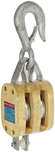 Indusco 16900101 4" Double Wood Manila Rope Block with Hook, 1400 lbs Load Capacity, 1/2" Rope, 2-1/4" Sheave