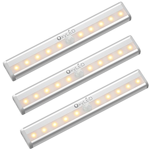 OxyLED Motion Sensor Closet Lights,Cabinet Light,DIY Stick-on Anywhere Wireless 10 LED Light Bar,Safe Lights with Magnetic Strip for Closet Cabinet Wardrobe Stair (3 Pack,Warm Light,Battery Operated)