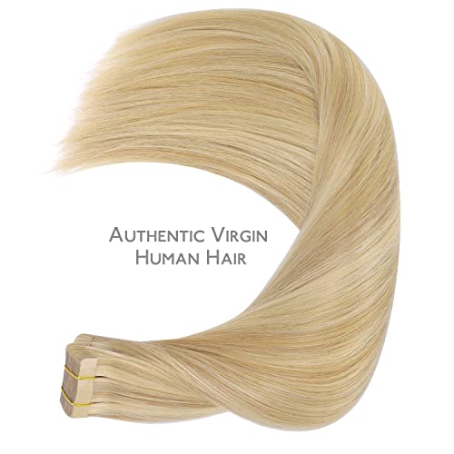 WENNALIFE Hellblond Highlights Goldblond Tape in Extensions Human Hair 40 cm, 50 g, 20 Pieces, Remy Hair Extensions