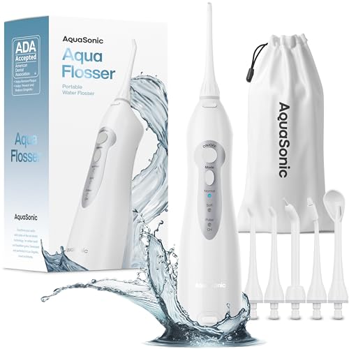 AquaSonic - Aqua Flosser Cordless Rechargeable Water Flosser for Teeth | Waterproof Portable Oral Irrigator for Dental Cleaning with 5 Jet Tips, for Braces, Home & Travel (White)
