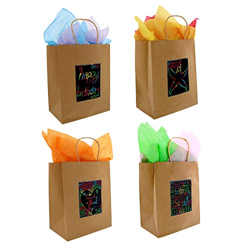 24 Brown Kraft Paper Gift Bags with Scratch Paper Panel for Customization, Tissue Paper Included! Unique Bulk Paper Bags with Handles are Great as Small Gift Bags, Party Favor Bags & Kraft Paper Bags