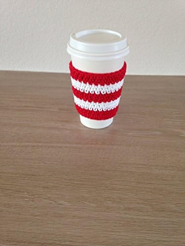 Crochet cup cozy, coffee cup sleeve, reusable coffee sleeve, coffee cup cozy in red and white strips, candy cane colors, Christmas cozy cup