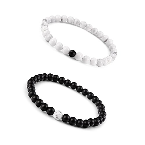 Paxuan Mens Womens Couples His and Hers Bracelet Black Matte Agate & Imported White Howlite Beads Bracelet YinYang Bracelet Set 6MM Pack of 2 (2pcs Set)