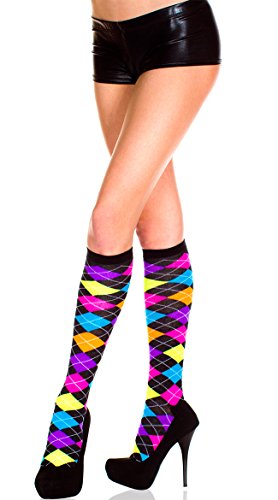 Rainbow Neon Argyle Knee High Socks