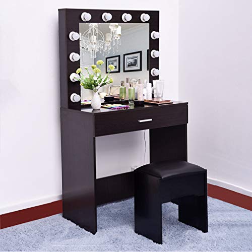 FunDiscount Vanity Set with Lighted Mirror, Cushioned Stool and Drawers, Modern Makeup Vanity Dressing Table Dresser Desk Vanities Bench for Bedroom Living Room Girls Dressing Room (Black)