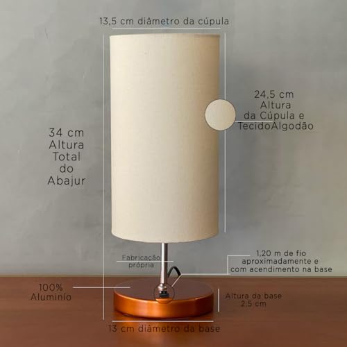 Abajur Luminária de Mesa Redonda Cobre Com Interruptor Com Cúpula Bege ref 84