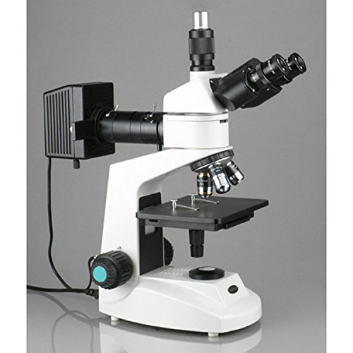 AmScope ME320T-PZ-8M Digital Polarizing Trinocular Metallurgical Microscope, WF10x Eyepieces, 50X-500X Magnification, 30W Halogen Illumination with Rheostat, Double-Layer Mechanical Stage, Sliding Head, High-Resolution Optics, 90-240V, Includes 8MP Camera