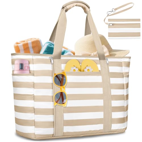 KTUEOV Large XXL Family Beach Bag, Waterproof 45L Women's Beach Bag with Zip, 12 Pockets, Beach Bag for Men Beach Foldable Lightweight for Swimming Pool, Travel, Gym, Shopping