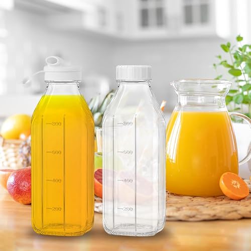 BYKNTEA 2 Piezas Botella de Vidrio para Leche con Tapa 1 Litro, 2 Tetinas y Adhesivo Antideslizante, Fácil de Limpiar, Jarra de Vidrio Grado Alimenticio para Jugo, Miel, Café