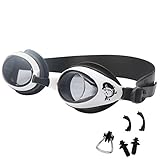 Swim Goggles for Kids Anti-Fog PC Clear Lens with S,M,L Nose Bridge and Nose Clips,Earplugs - Swimming Pool Accessory for Girls,Boys,Children,Juniors and Teens from 3 to 12 Years (Black)