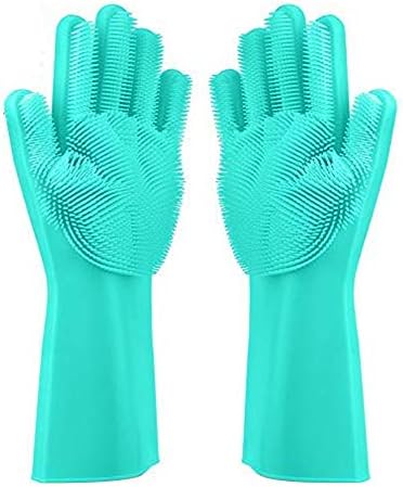 BeRicham Multifunctional Magic Silicone Gloves with Wash Scrubber Perfect as Kitchen Tool for Cleaning, Household, Dish Washing, Car Washing, Pet Hair Care, Heat Resistant Good as Oven Gloves (Green)