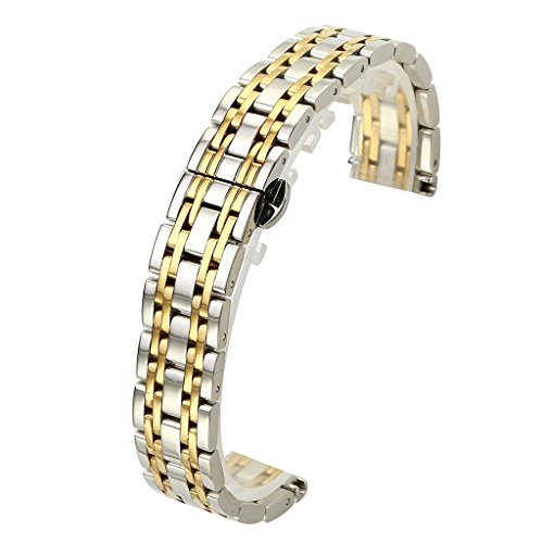 Top Plaza 22MM Silver&Gold Solid Stainless Steel Straight End Link Bracelet Wrist Watch Band Strap Replacement Double Push Spring Butterfly Deployment Clasp 7 Rows Metal Strap