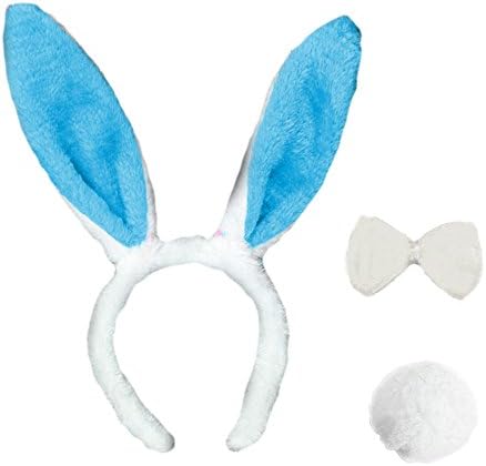 Qable Powerz Easter Bunny Costume accessories, Plush Easter Bunny Ears, Bowtie and Tail Kit (Blue)