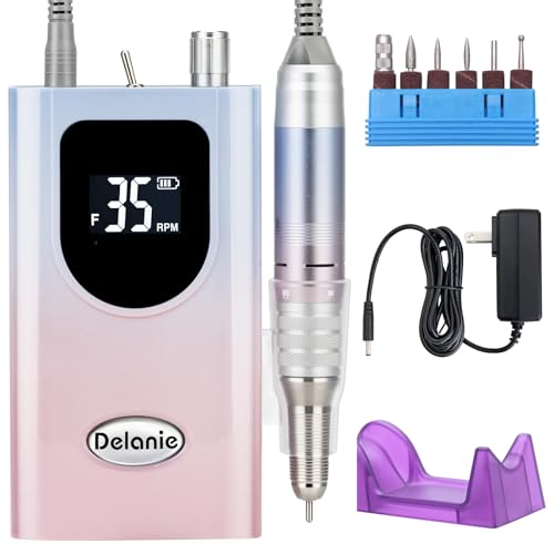 Delanie Professional Nail Drill High Torque 35000 RPM Rechargeable Portable Electric Nail File for Acrylic & Gel, High Speed, Low Heat, Low Vibration, Gradient