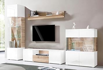 Wohnwand 832668 Anbauwand 4 Teilig Weiss Weiss Hochglanz Eiche Sanremo Amazon De Kuche Haushalt