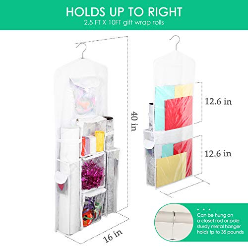 Hanging Gift Bag Wrap Organizer Wrapping Paper Rolls Holder Storage Double-Sided Pockets 40 x 16 Inch Tearproof & Space Saving Closet Gift Bag Organization for Birthday Party Christmas (White) - Thumbnail 3