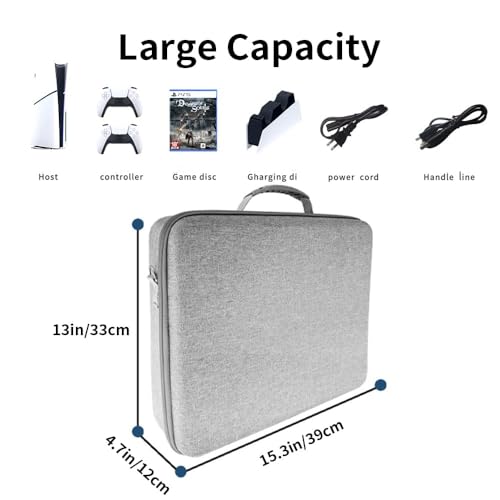 CENXI Carrying Case for PS5 SLIM, Protective Travel Bag for PS5 Console Controller, Large Capacity Storage Case Compatible with Playstation 5 Games Accessories Disk Digital Edition (Grey storage bag)