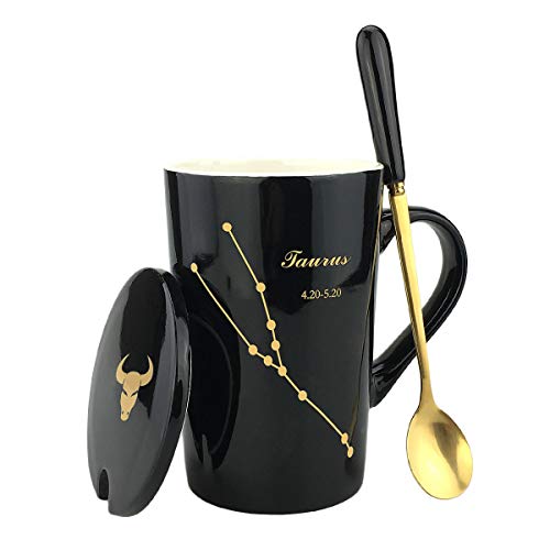 Constellation Theme Romantic Creative Black Ceramic Coffee Tea Cup Mug Tumbler,With Ceramic Lid and stainless steel Spoon, 13 oz(400 ml) - Thumbnail 2