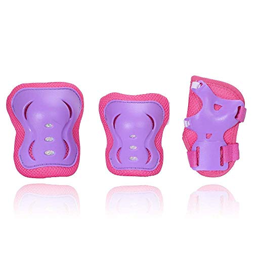 eNilecor Kid's Inline Skating Roller Blading Wrist Elbow Knee Pads Blades Guard Gift for Children's Day, Christmas Pack of 6 (Purple/Pink, M)